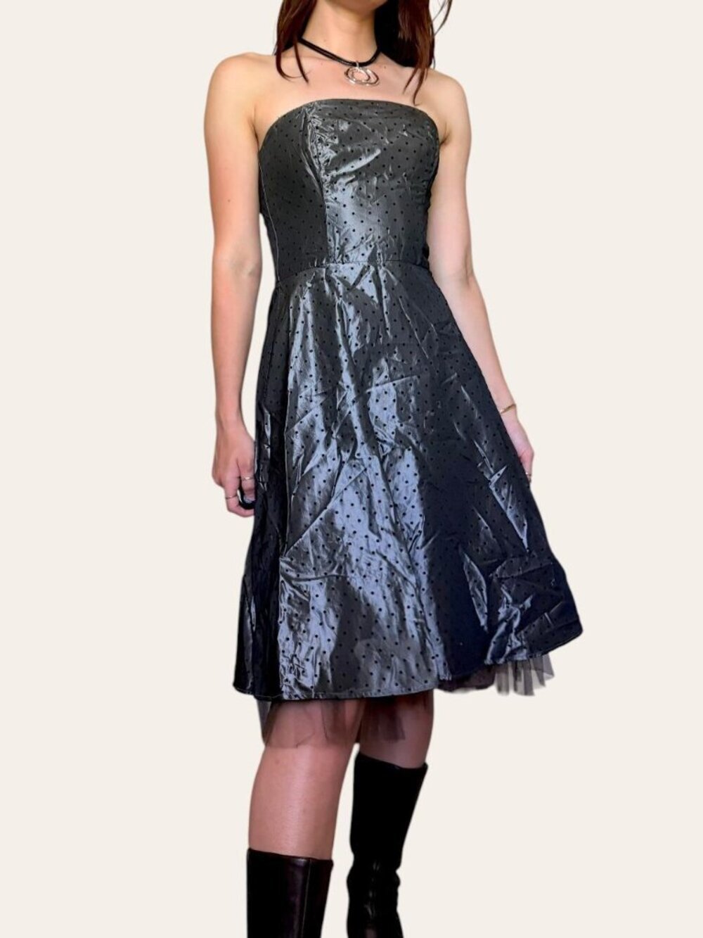 90s Rampage vintage strapless grunge silver black polka dot metallic party dress - Picture 2 of 7